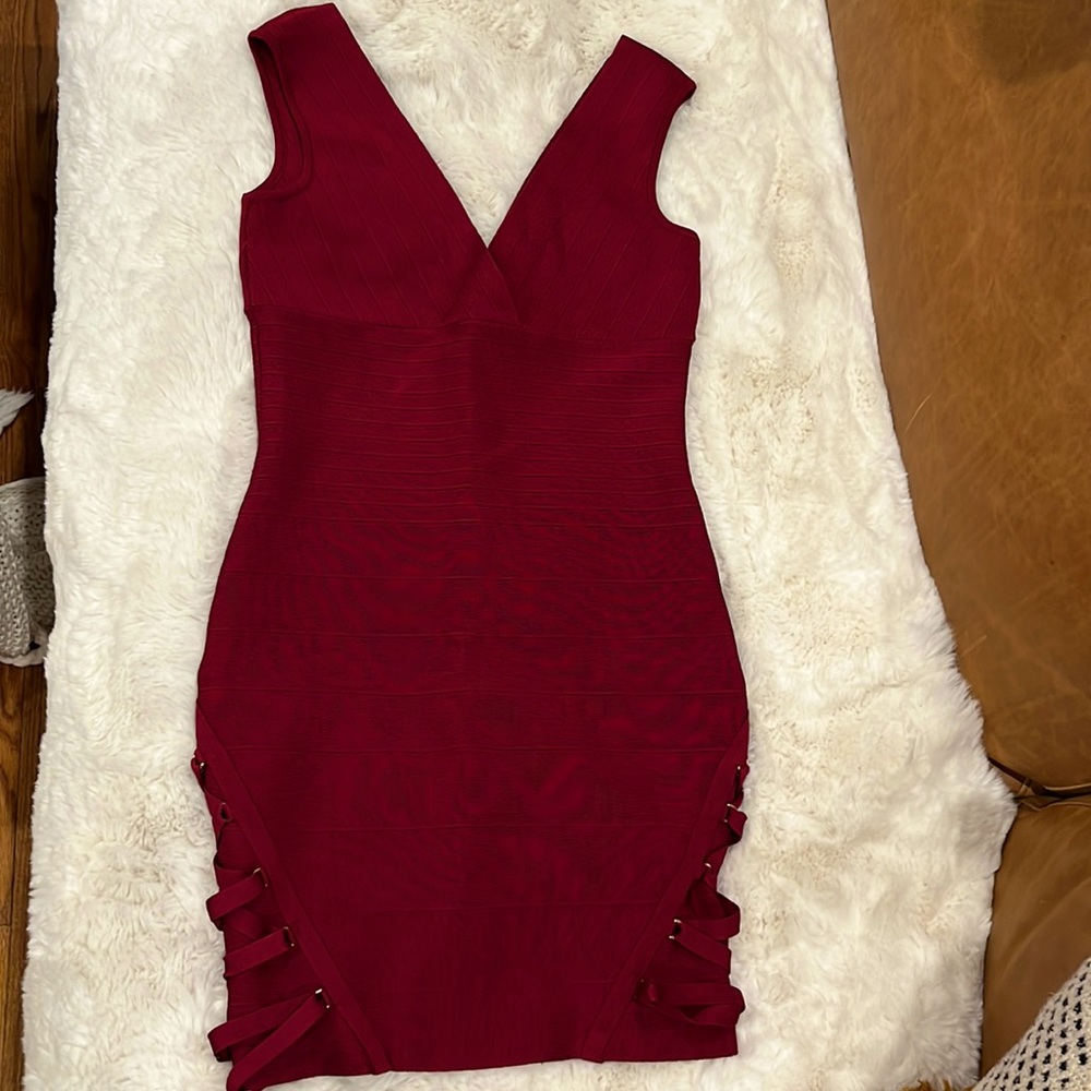 Bebe Red Burgundy / Bordeaux / Scarlet Bandeau mini dress with gold accents